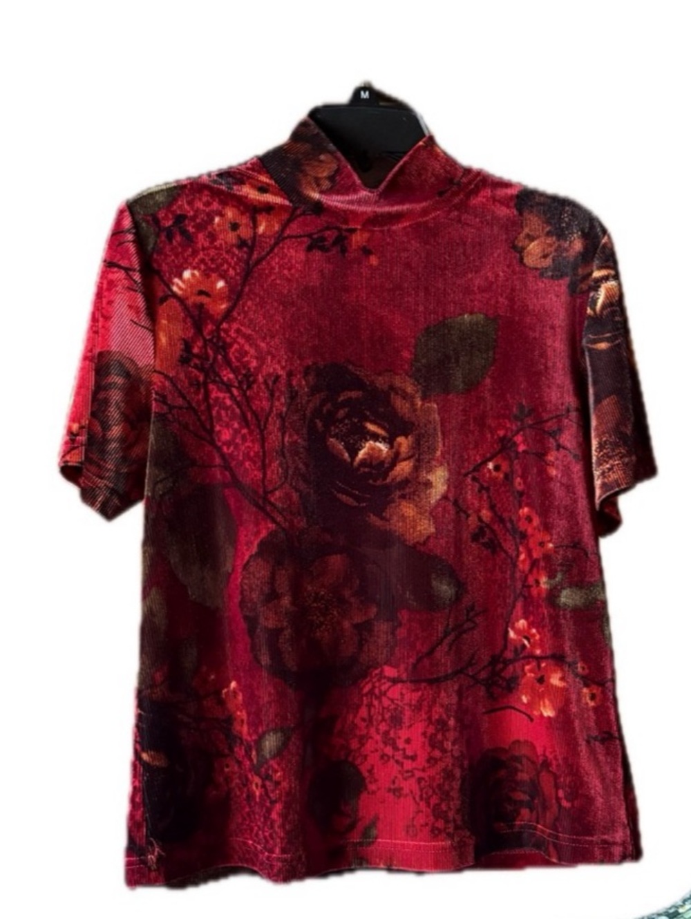 Vintage Dressbarn Ribbed Velvet Mock Neck Top Floral Rose Whimsigoth Large